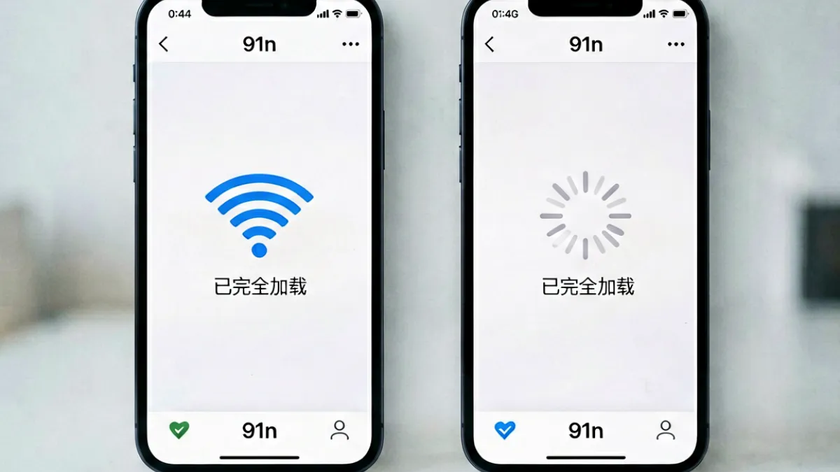 91n.cn校园网与移动4G访问对比截图，显示CERNET线路首屏加载时间明显短于移动热点
