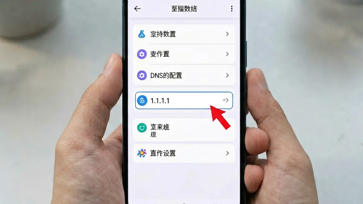 91n - 手机设置界面展示修改DNS服务器地址的操作步骤，箭头指向输入框中填写的1.1.1.1