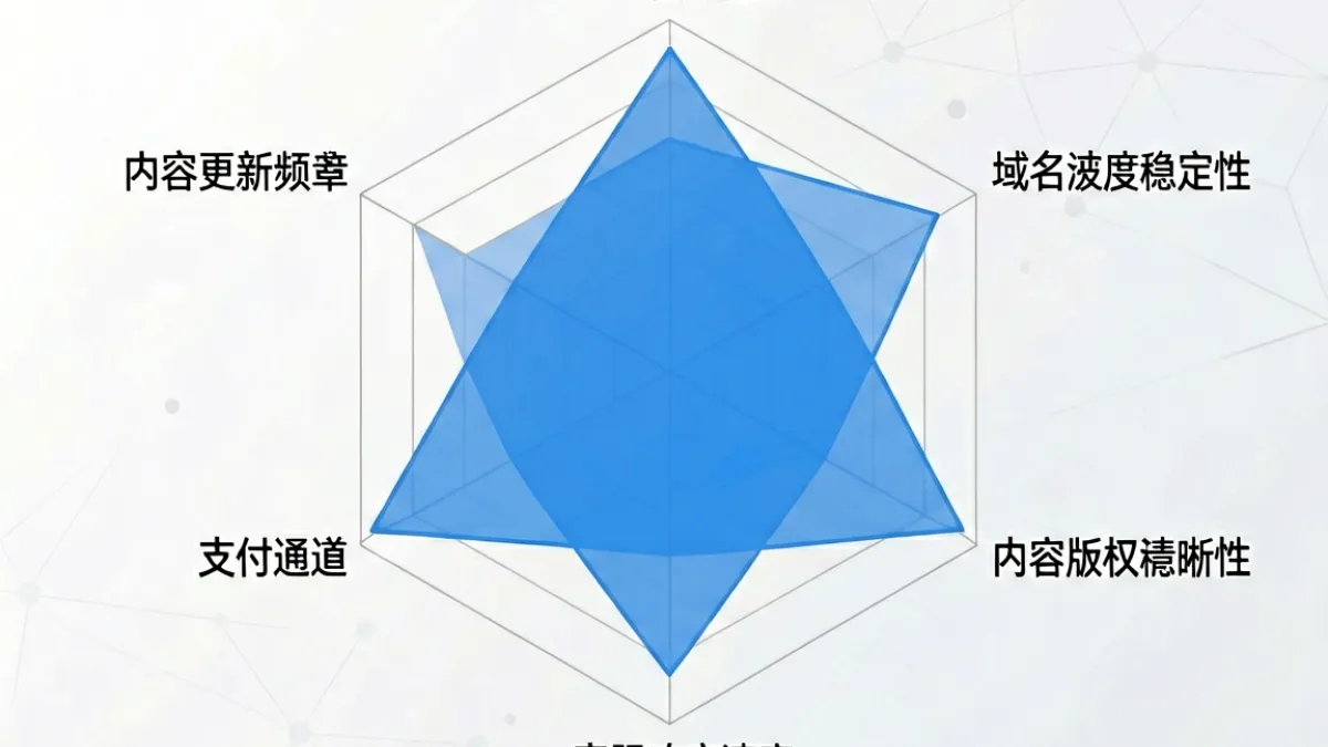 平台健康度评估示意图，展示CDN节点分布、域名稳定性与版权机制等核心维度的雷达图